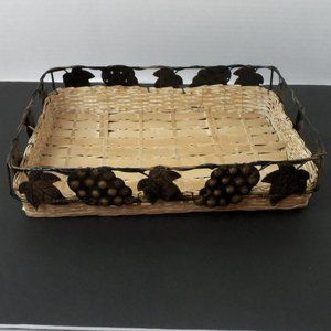 Rectangle Wicker Basket with Antique bronze Metal Rim of Leaves &Grapes Size OS
